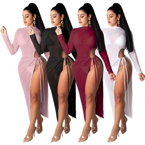 Mesh Sexy Club Dress See Through Lace Up Slashes Long Sleeve Party Dress High Split Asymmetric Dresses Women Fall Clothings 2020