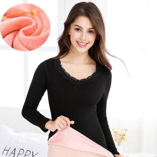 Thermal Underwear Warm Body Tops Women Winter Long Sleeve v-neck Lace Thick Warm Gold Velvet Underwear Tops Female Pajamas