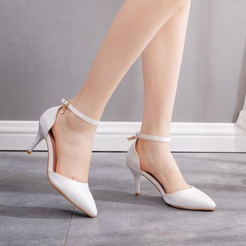 Fashion Women Shoes White Ankle Strap Pumps Sandals High Heel 7.5CM Stiletto