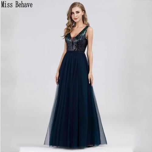 DD JYOY Tulle A Line Prom Dress Long Simple Style 2020 New V Neck Long Evening Dress Open Back Sequined Body Sleeveless