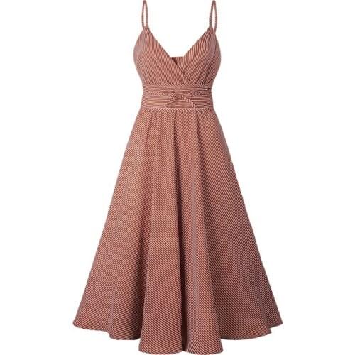 PERHAPS U V Neck Red Striped Sleeveless Empire Sash Lace Up A Line Midi Dress Mid Calf Summer D0458