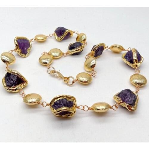 YYGEM Natural Purple Amethyst Rough Nugget With Electroplated Edge Brushed Bead Wrap Necklace 23" for women