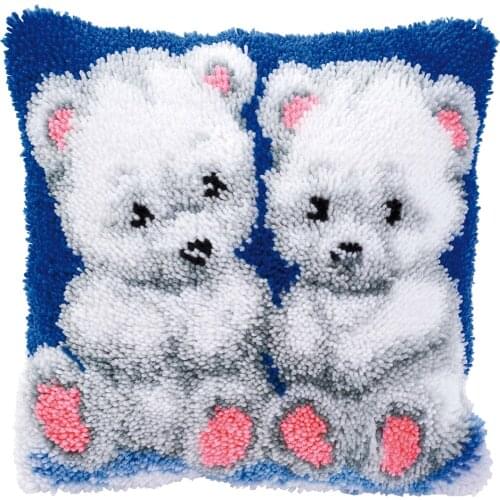 DIY Latch Hook Kits Throw Pillow Cover Cute Rug Bear Pattern Printed 16X16 Inch, Crochet Needlework Crafts for Kids and Adults