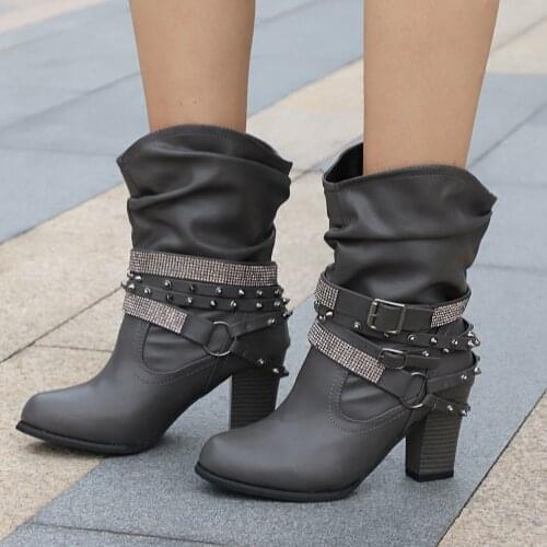 Koovan Womens Boots 2020 New Large Size 43 Ankle Boots High Heel Rhinestone Belt Buckle Girls Shoes Sleeve Women Leather Boots