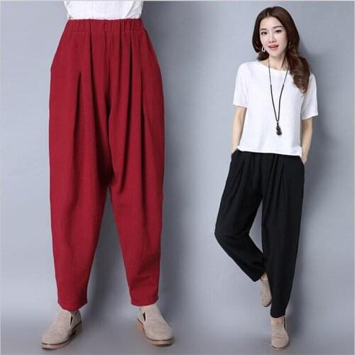 2020 Women Trouser Classic Solid Cotton Linen Harem Pants Casual Loose Radish Pants Plus Size Women Pants M-7XL