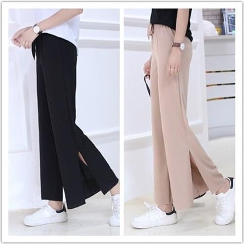 2021 spring and summer ice silk trousers side slit womens nine-point pants black pants womens high-waist wide-leg pants straig