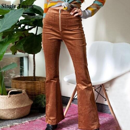 2020 Fall Winter Female Corduroy Flared Pant High Waist Zipper Korean Streetwear Casual Soft Women Clothes Brown Elephant Pants