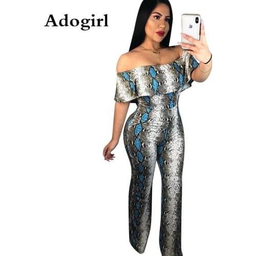 Snakeskin Print Ruffle Off Shoulder Jumpsuit Women Sexy Slash Neck Butterfly Sleeve Straight Romper Night Club Party Bodysuits