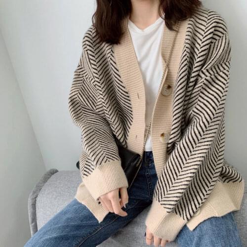 Autumn Winter Stripe Women Sweater Cardigan V Neck Drop Shoulder Sleeve Loose Thicken Knitted Cardigan Female Cardigan Coat 2021