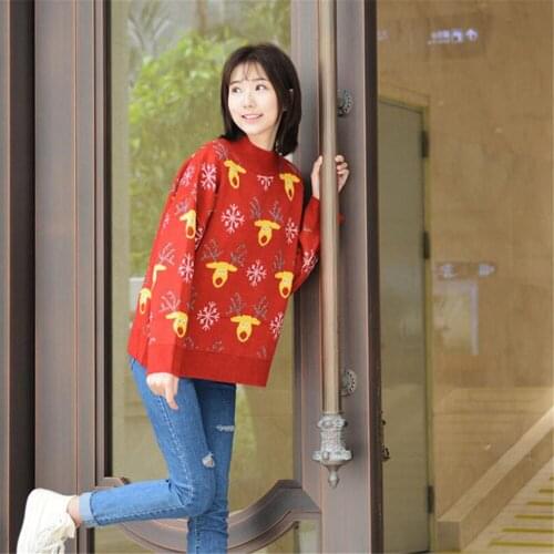 Autumn Winter New Turtleneck Sweater Women Knit Wild Top Elk Pattern Pullover Fashion Casual Sweater Red Snowflake Coat C129