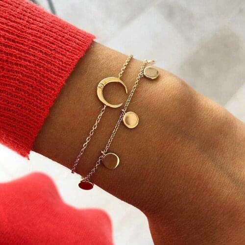 1 Pcs Women Bracelet Exquisite Moon Crystal Geometry Round Pendant Double Gold Bracelet Set Bohemian Fashion Jewelry Accessories