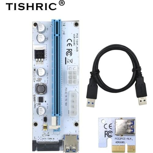 50pcs TISHRIC gpu PCIE PCI-E Riser 008S card PCI E X16 PCI Express 3in1 Molex 6Pin to SATA 1X 16X USB3.0 Extender LED Mining ETH