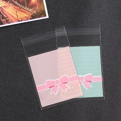 500PCS Cute Pink Bow Cookie Cellophane Bags Birthday Plastic Biscuit Bags Wedding Candy Packing Self Adhesive Bags OPP Bag 8x10
