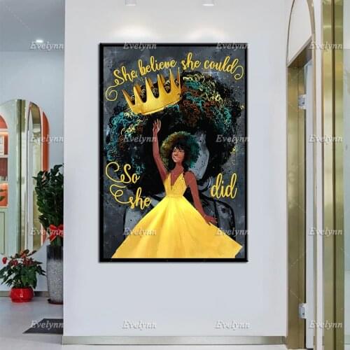 Afro Queen Canvas Wall Art,She Believe She Could So She Did Poster,Black Queen Prints, Motivational Black Girl Home Decor