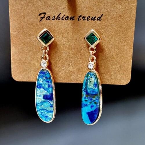 Long Oval Blue Stone Earrings Vintage Drop Hanging Ethnic Jewelry New Creative Stone Dangle Earring for Women Party Best Gift