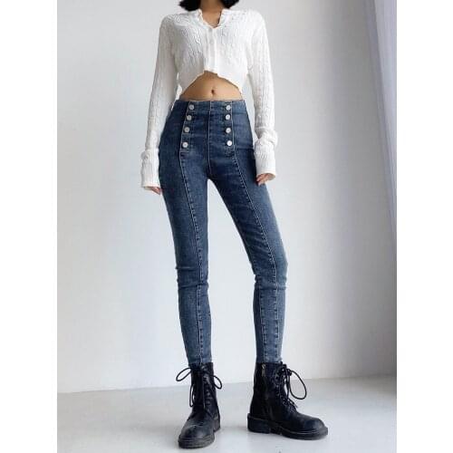 Spring and autumn new fashion casual style solid color double-breasted stretch split jeans women slim and thin sexy pencil jeans