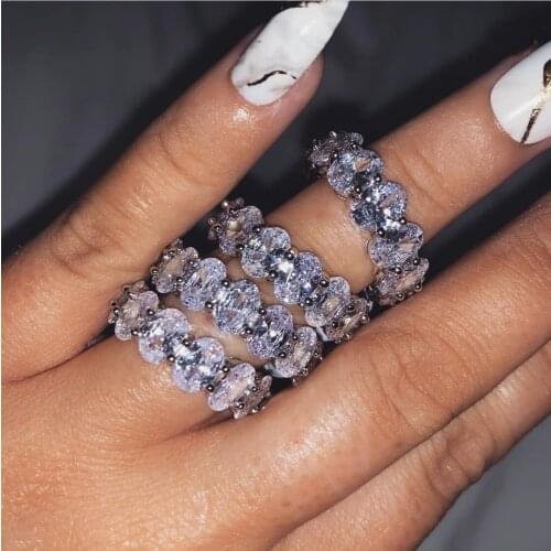 925 Sterling SILVER PAVE SETTING FULL Oval cut DIAMOND ring for Women men ETERNITY ENGAGEMENT WEDDING Band Rings Fine JEWELRY