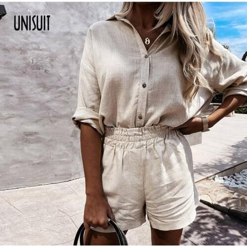 Women Shorts Set Summer Solid Single-breasted Blouses Shirt Elastic Waist Loose Pants Ladies Sets Fashion Casual 2 Pieces Suit