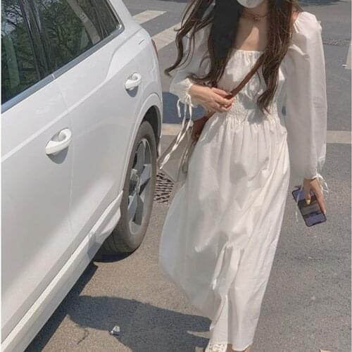 Korean Fashion One-piece Dress Women White Casual Elegant Evening Party Midi Dresses Strappy Retro Designer Clothing Autumn 2021