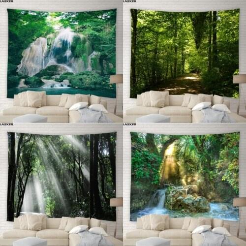 Landscape Scenery Tapestry Forest Trees Green Plant Waterfall Sunshine Background Wall Hanging Decor Living Room Bedroom Curtain