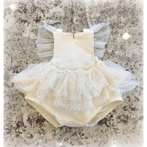 2Pcs Fashion Baby Girls Rompers Infant Dot Pattern Lace Splicing Fly Sleeve Backless Jumpsuits + Bow Headwear Summer Clothes