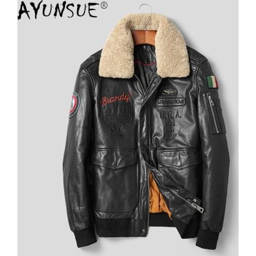 AYUNSUE Winter 100% Genuine Sheepskin Leather Jacket Male 2021 Short Lamb Wool Collar Coat Biker Jackets for Men Jaquetas Gxy275