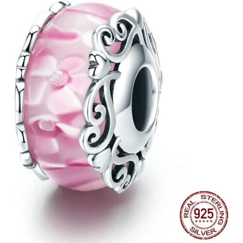 New 925 Sterling Silver Pink Blossom Flower Murano Glass Bead Charm Fit Original Pandora Charm Bracelet DIY Bead Jewelry