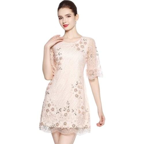 Autumn Women Gauze Sheer Mesh Tulle Lady Princess Bridesmaid Half Sleeves Flower Beading Elegant Mini Dress
