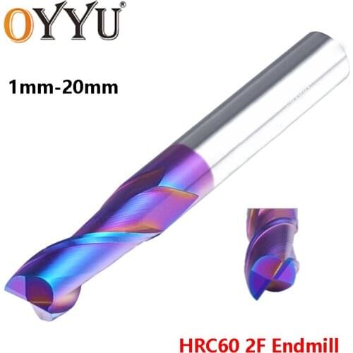 OYYU HRC60 Blue Nanometer Coated End Mill 2 Flute Tungsten Steel Solid Carbide Router Bit CNC 1mm 2mm 4mm End Milling