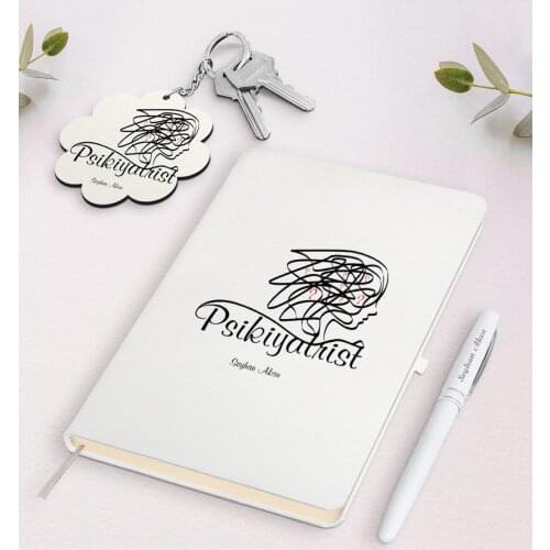 Personalized Psychiatrist White Notebook Pen and Keychain Gift Seti-2 Reliable Quality Gift Casual Design Moment