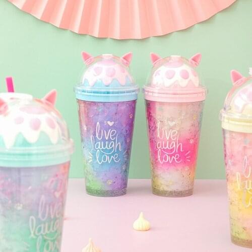 Korean Style Cute Cats Paw Plastic Straw Water Bottle Large Capacity English Gradual Summer Ice Cup Cool Broken Coffee Mug
