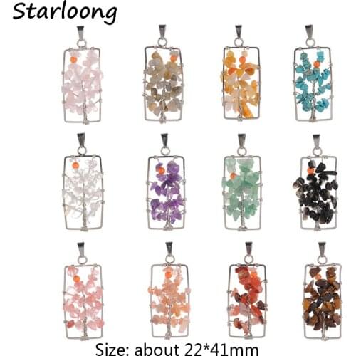 Tree of Life Handmade Wire Wrap Rectangle Pendant Natural Stone Gem Gravel Amethysts Aventurine Tiger Eye Agates for Necklace