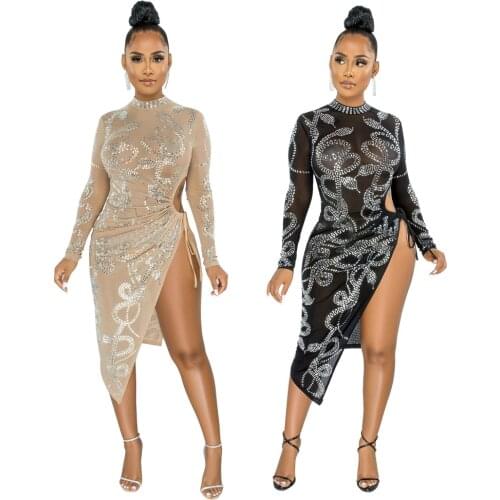 Echoine Luxurious Autumn Long Sleeve Sheer Mesh Diamond Midi Dress Sexy Bodycon Split Lace Up Hollow Out Party Vintage Vestidos