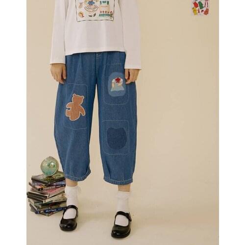Blue Cartoon Bear Embroidery Casual Denim Jeans Woman 2021 Summer High Waist Washed Korean Ladies Cross Pants Trousers