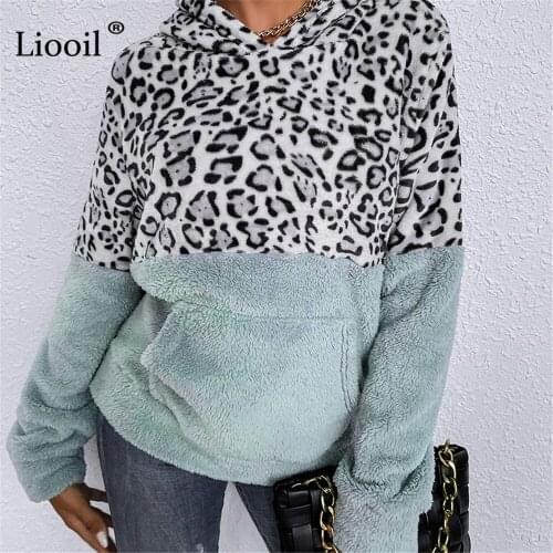 Szkzk Fleece Patchwork Leopard Print Hoodies Casual With Pocket Long Sleeve Sweatshirts For Women Winter Loose Ladies Pullovers
