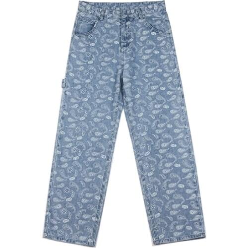 2021 Vintage Cashew Flowers Baggy Jeans For Men Japan Style Loose Straight Wide-Legged Pants Fashion Street Women Denim Trousers