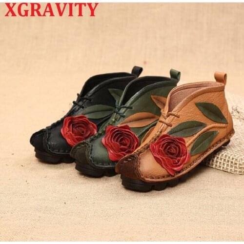 XGRAVITY S142 2020 Autumn New Fashion Boots V Cut Ladies Cow Genuine Leather Boots Comfort Ladies Flower Boots Ethnic Boots Shoe