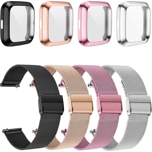 2in1 Milanese Strap Protective Cover Case For Fitbit Versa 2 Metal Mesh Loop Bracelet TPU Protector Frame For Fitbit Versa Lite