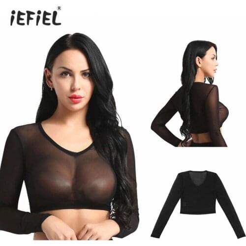 Womens Sexy Sheer Mesh See Through Exotic Tanks Crop Top Short T Shirt Long Sleeves V-neck Lingerie Crop Tops Clubwear Cover Up