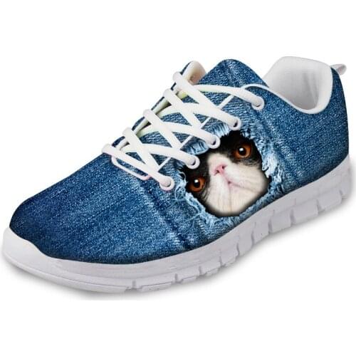 HaoYun Womens Cool Sneaker Shoes Blue Jeans Cats Pattern Girls White Flat Walking Shoes Ladies Comfortable Footwear Zapatillas