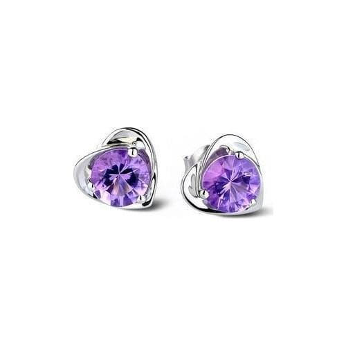 2016 new arrival romantic purple heart 925 sterling silver shiny zircon ladies`stud earrings jewelry wholesale