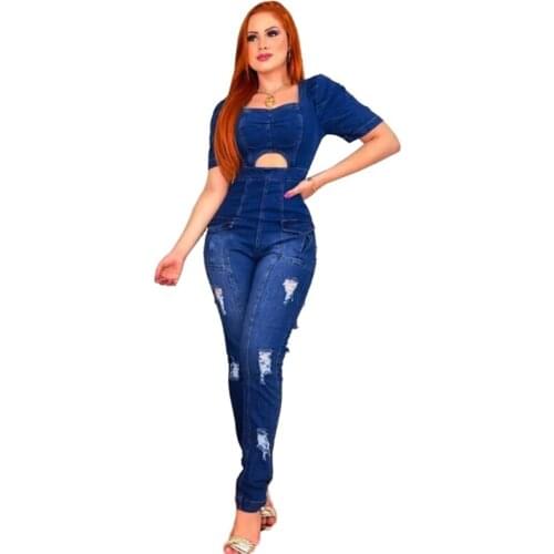 Fashion Puff Sleeve Folds Hollow Out Ripped Bodycon Cotton Jeans Jumpsuit Denim Playsuit Women 2021 Cargo Pants Rompers Overalls