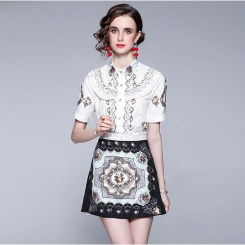 2021 summer Fashion Designer 2 Piece Sets Women Short Sleeve turn down collar print shirt Tops + Printed skirt suit