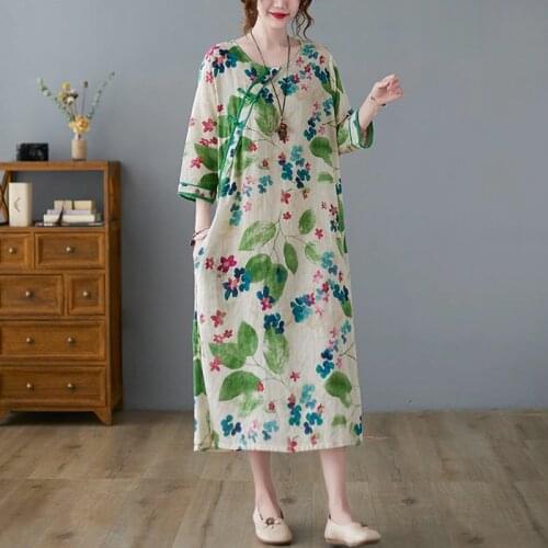 Plus Size Women Summer Cotton Linen Casual Dress New Arrival 2021 Vintage Style Floral Print Loose Female Long Dresses B240