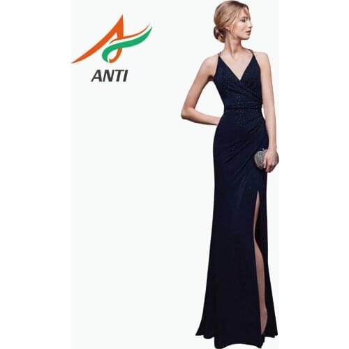 ANTI New Taffet Long Evening Dress 2019 Sexy V-Neck Backless Bling Mermaid Veatidos de fiesta de noche For Woman High Slit Gowns