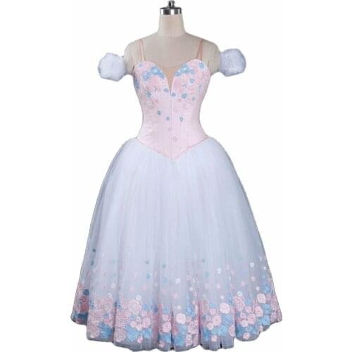 Women Pink White Professional Ballet Long Tutu,Ballerina Fairy Adult Long Tutu Dress, Adult Floroal Romantic Ballet Tutu Costume