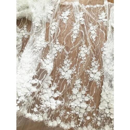 1 Yard Exquisite Sequined 3D Lace Fabric with Shabby Rosette , Bridal Dress Wedding Gown Fabric by Yard , Leaf Emrboidery