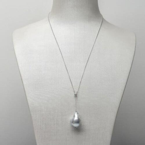 925 Sterling Silver Big South Sea Cultured Silver Pearl Long Necklace Adjustable