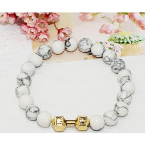 White/beige Stone Beads Dumbell Bracelet 10pcs/lot,wholesale fitness motivation jewelry