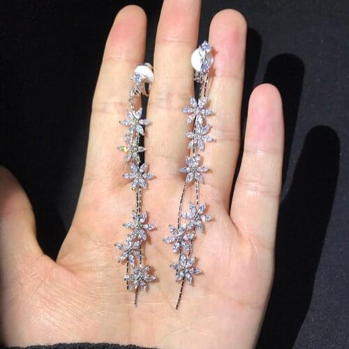 Long flower clip on earrings with shiny Cubic Zirconia clear cz fashion Jewelry ear non pierced ears no for women